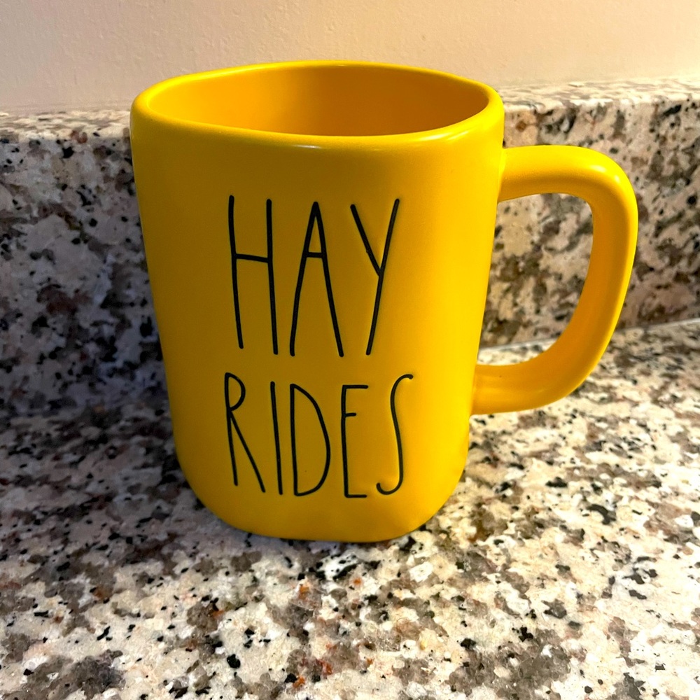 Rae Dunn Mug Coffee Cup Hay Rides ceramic Fall Yellow Gold NEW